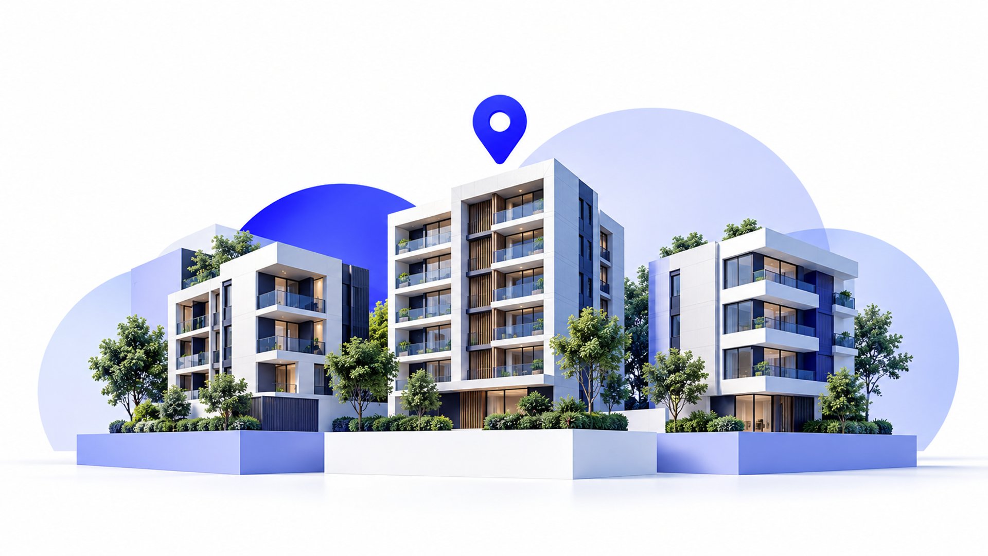 Ilustración conceptual de tres edificios para acompañar la comparación de apartamentos.