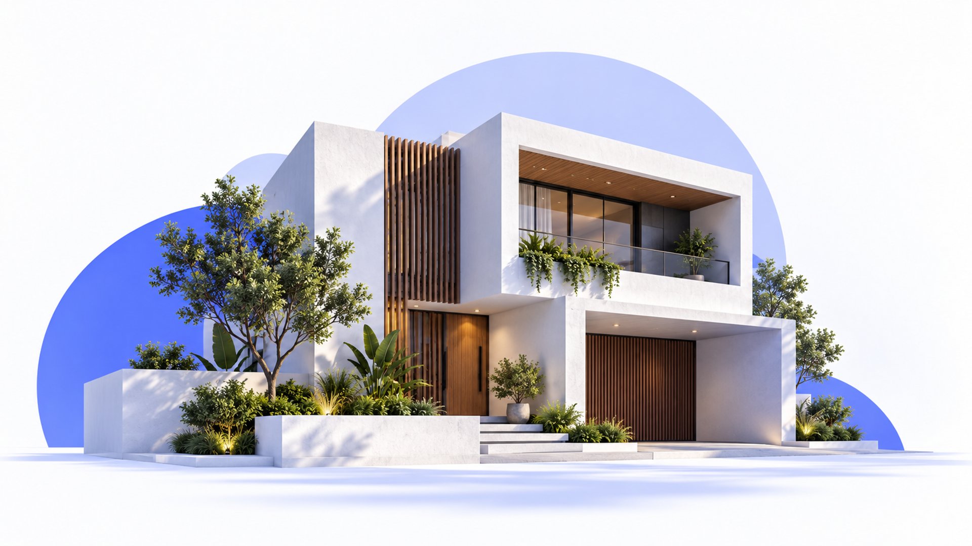 Ilustración conceptual de una casa contemporánea con detalles de madera y jardín.