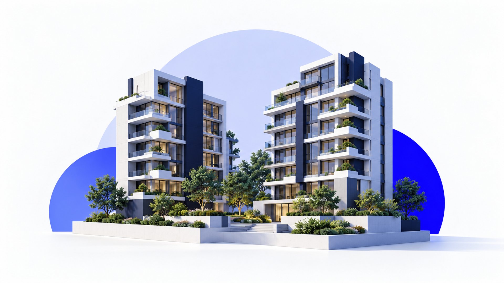 Ilustración conceptual de dos edificios de apartamentos con un patio ajardinado.